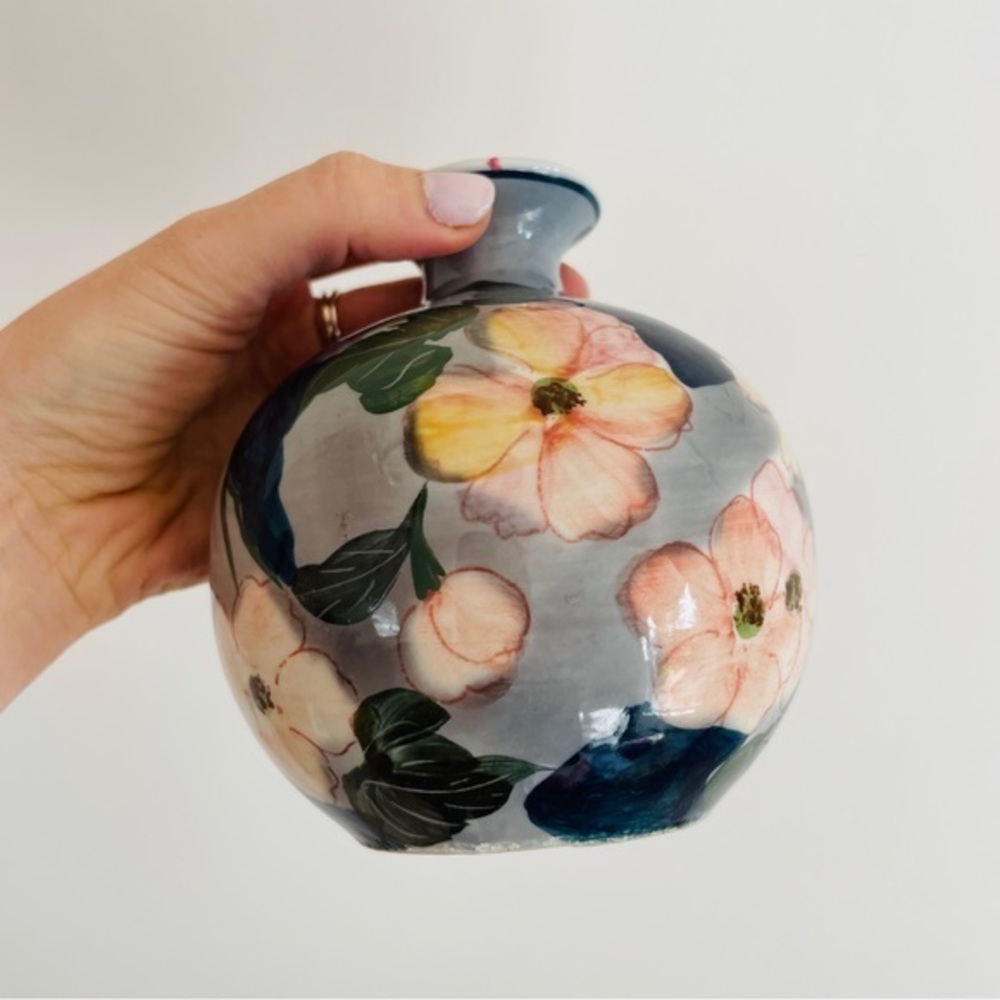 Vintage Andrea Sadek Floral Design Hand‎ Painted Small Vase 5" x 5"